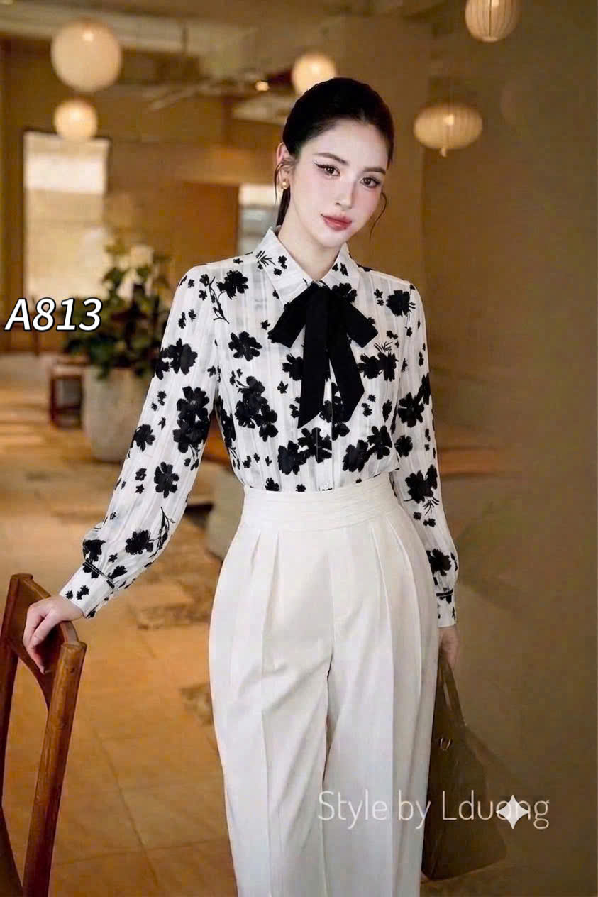 A813 áo sơ mi hoa kèm nơ xinh