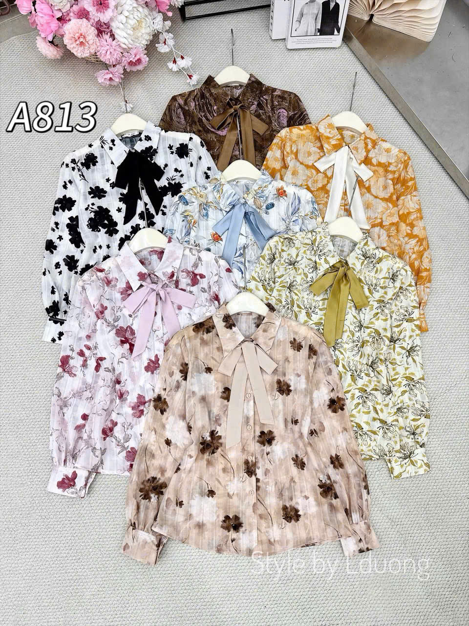 A813 áo sơ mi hoa kèm nơ xinh