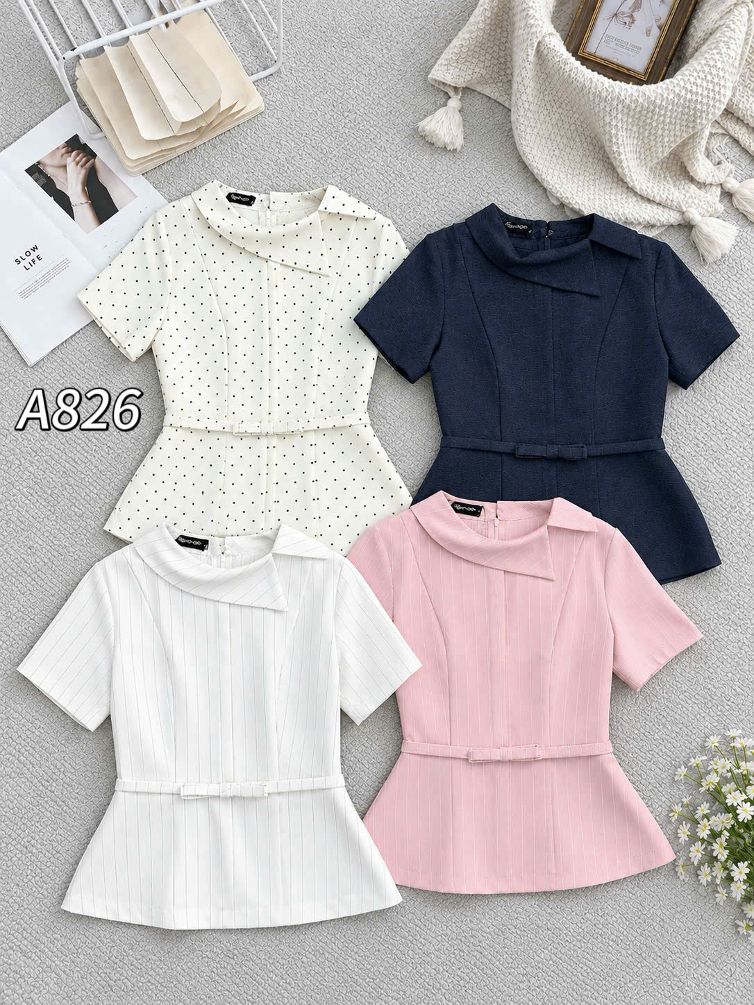 A826 áo peplum nơ lệch