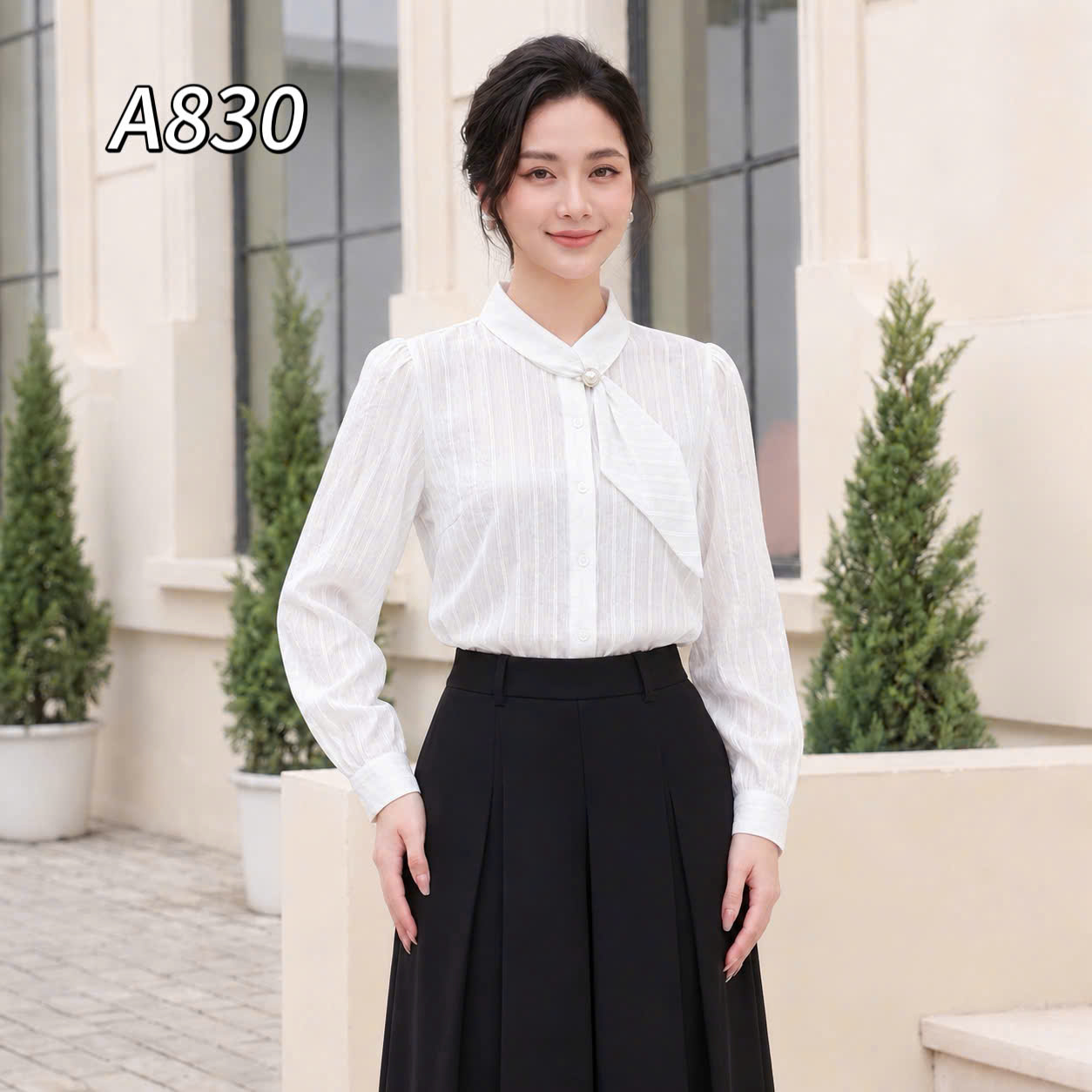 A830 Áo sơ mi cổ vạt lệch dài tay