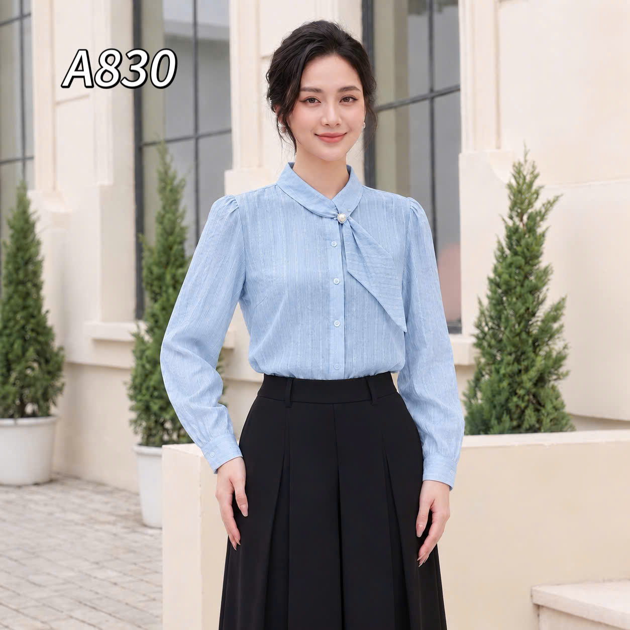 A830 Áo sơ mi cổ vạt lệch dài tay