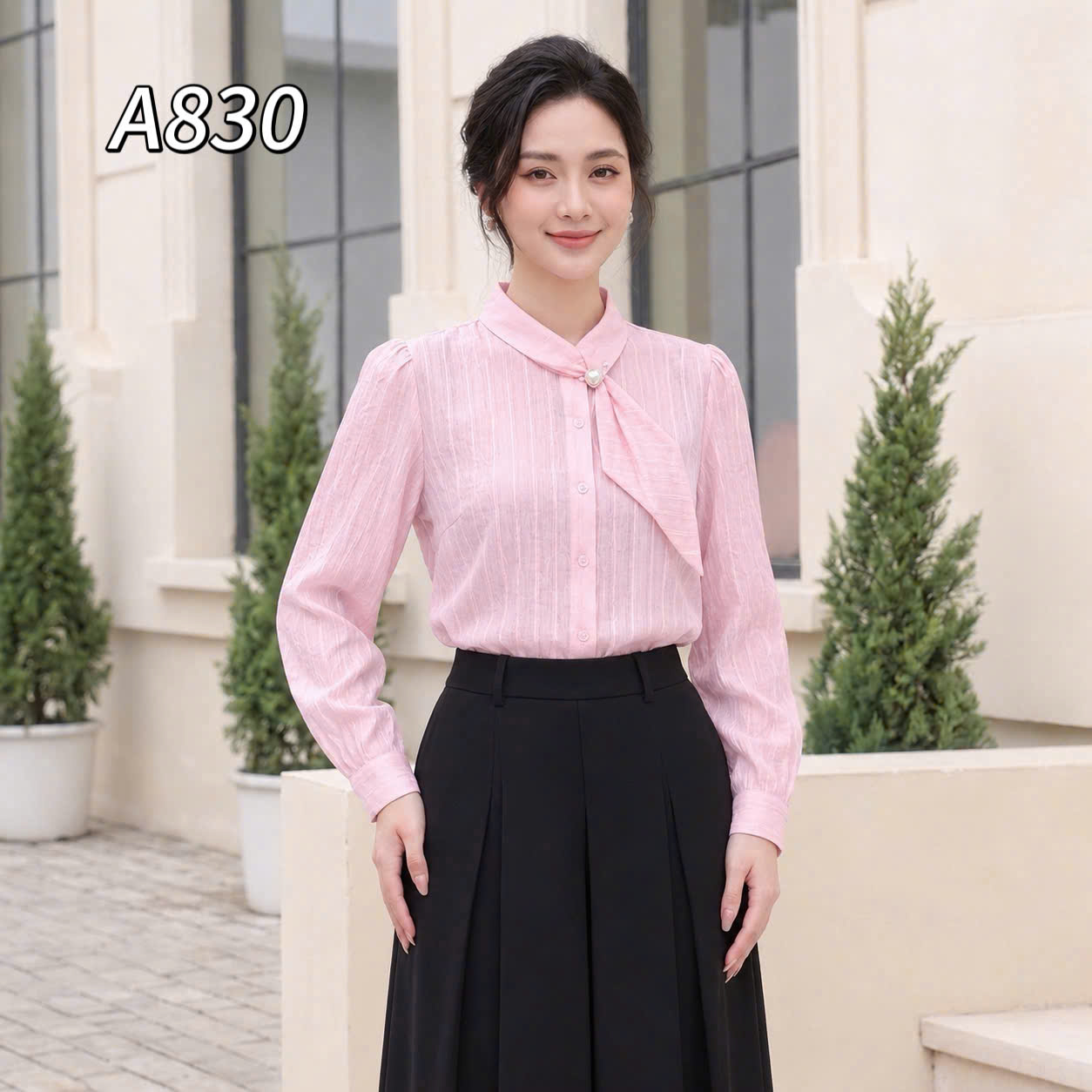 A830 Áo sơ mi cổ vạt lệch dài tay