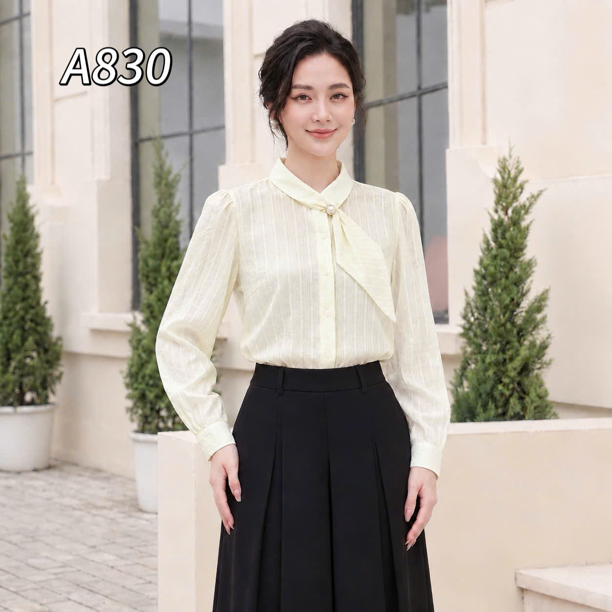 A830 Áo sơ mi cổ vạt lệch dài tay