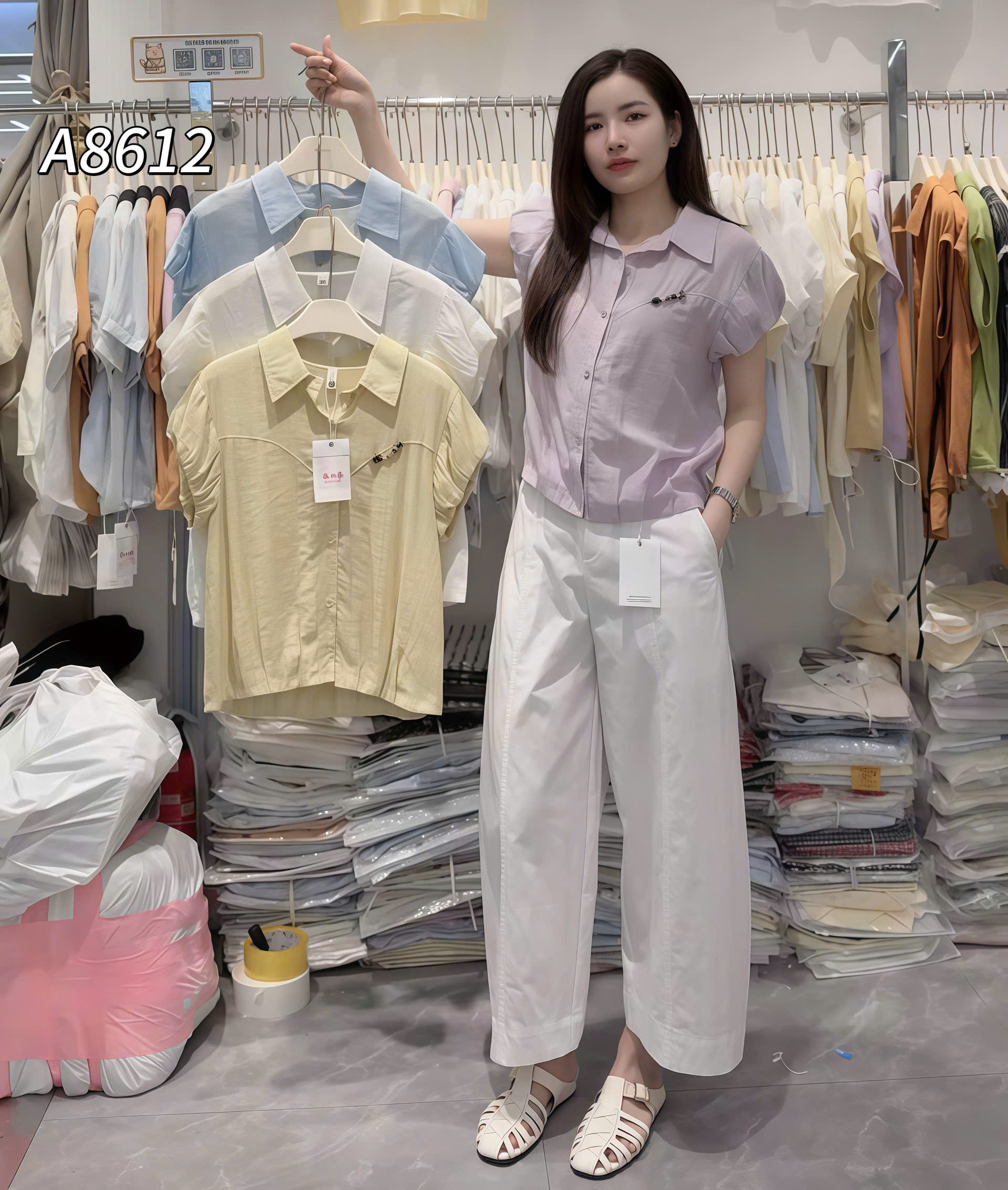 A8612 Áo sơ mi viền ngực tay bo