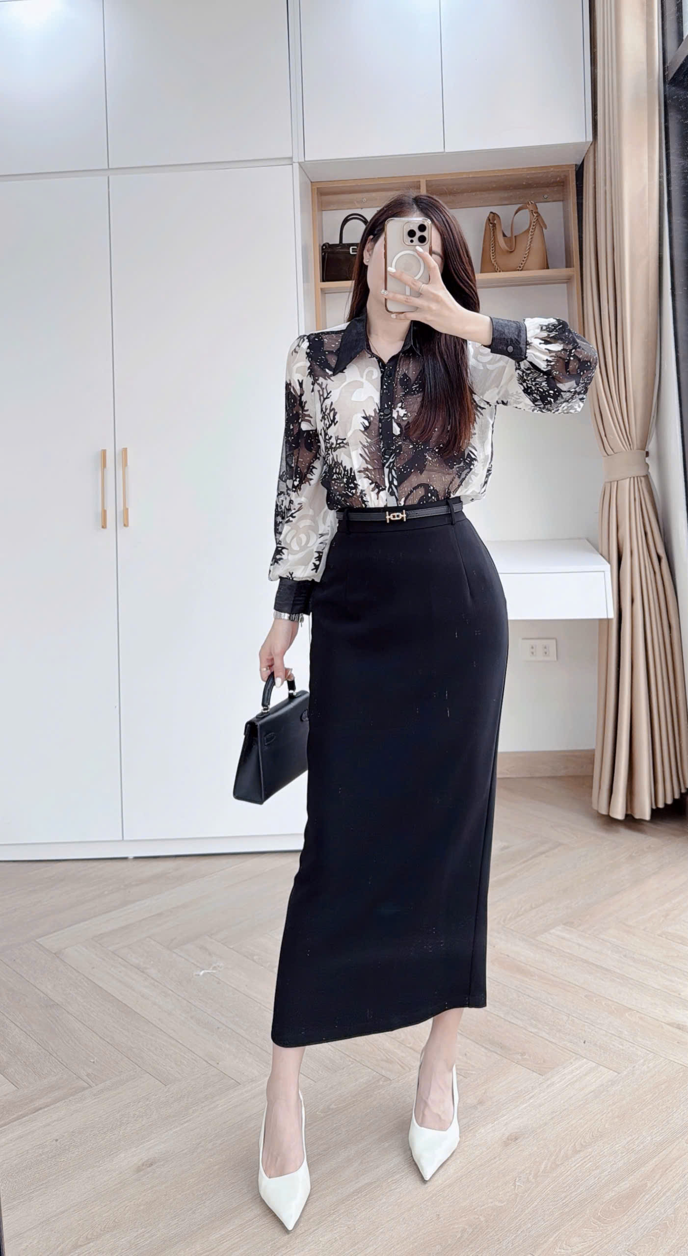 A9071 Áo sơ mi tay dài mỏng họa tiết