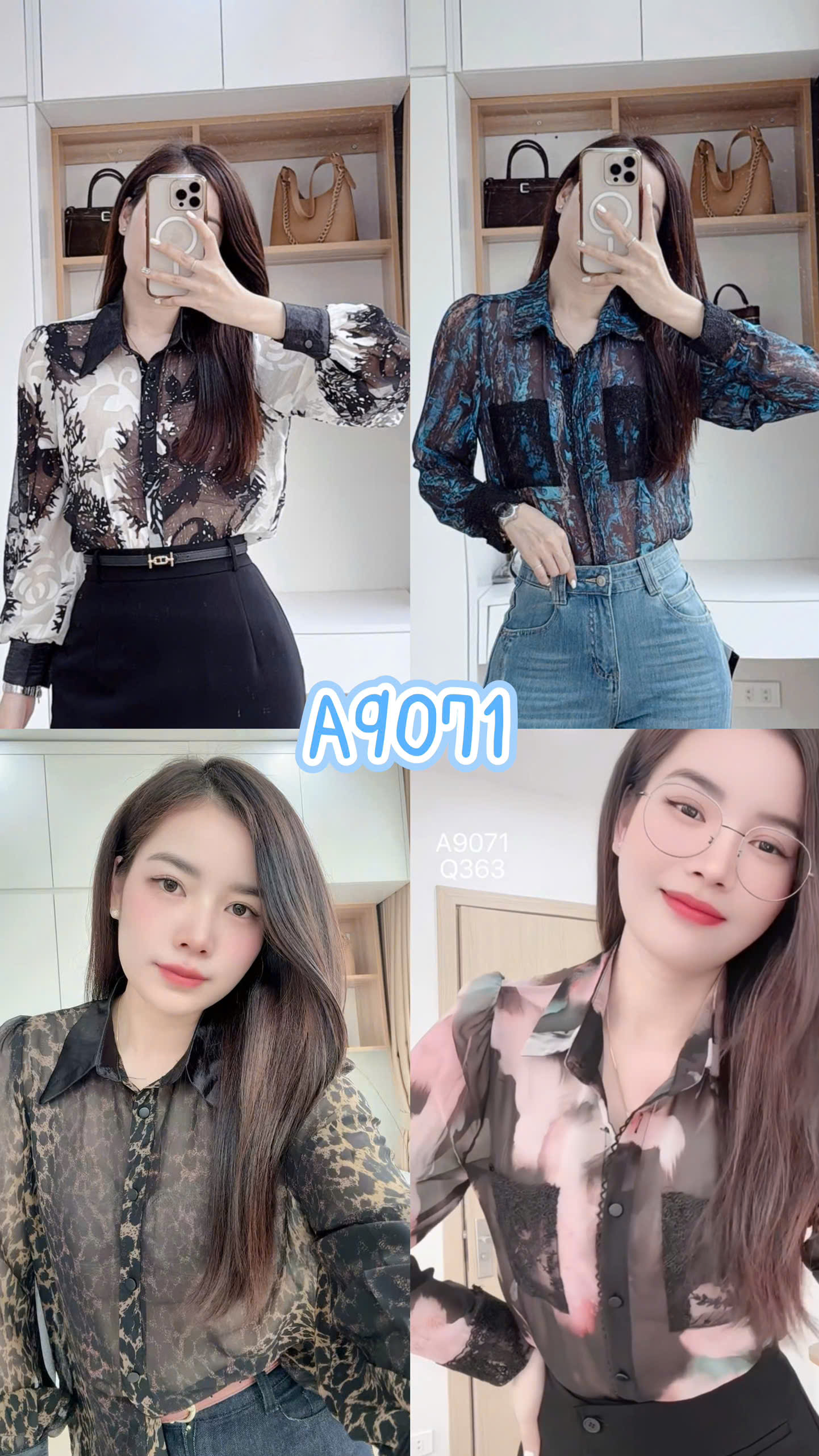 A9071 Áo sơ mi tay dài mỏng họa tiết