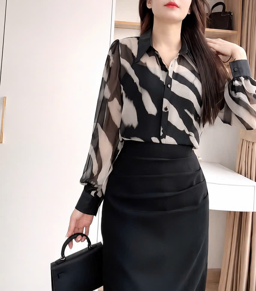 A9071 Áo sơ mi tay dài mỏng họa tiết