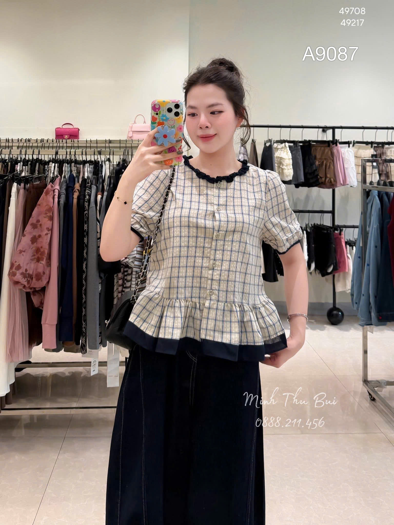 A9087 Áo sơ mi kẻ phối viền