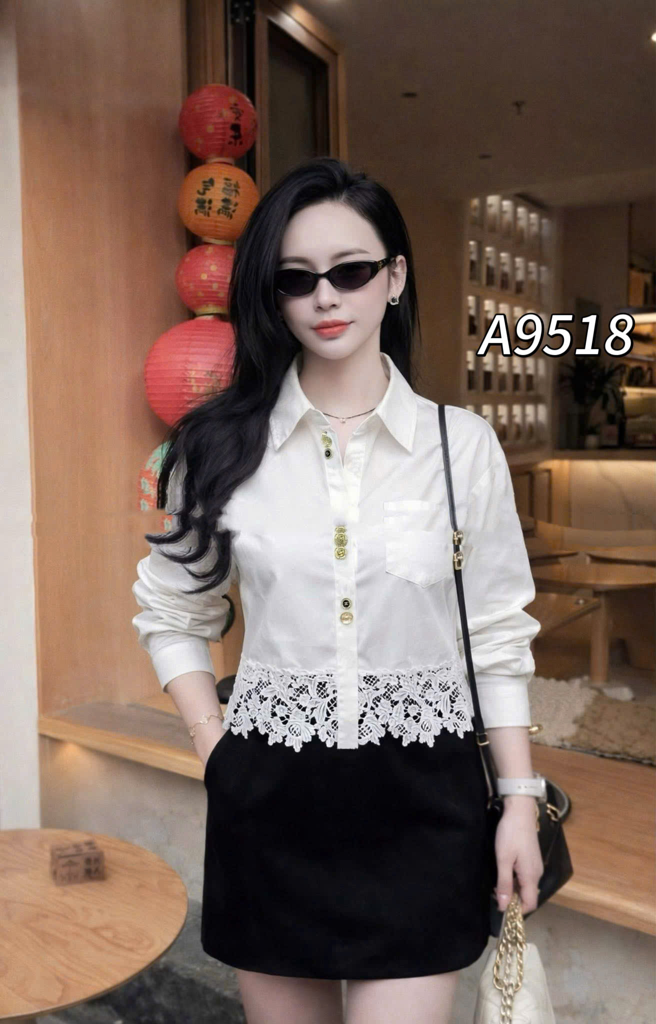 A9518 Áo sơ mi cúc vàng túi ngực