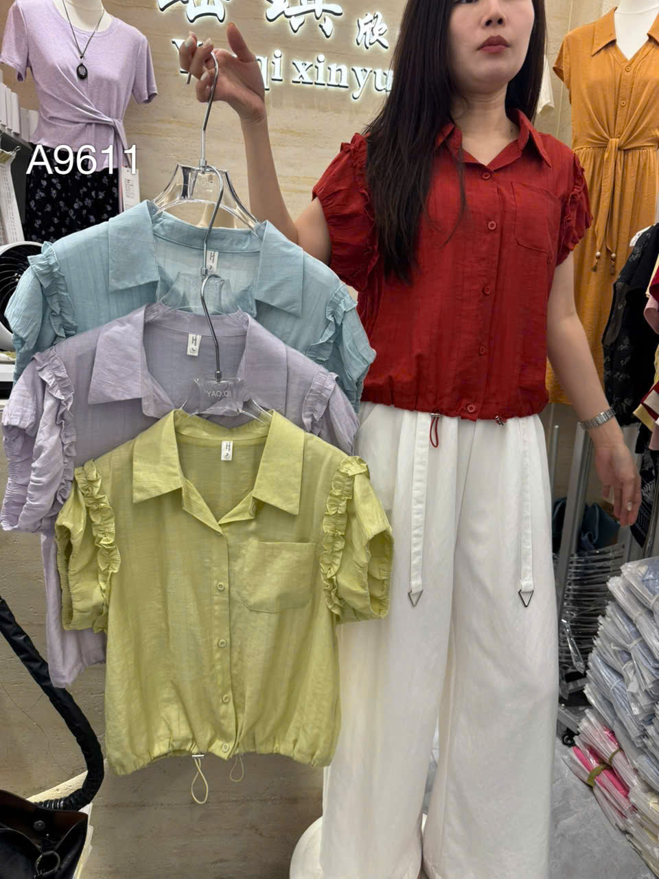 A9611 áo tay nhún túi ngực