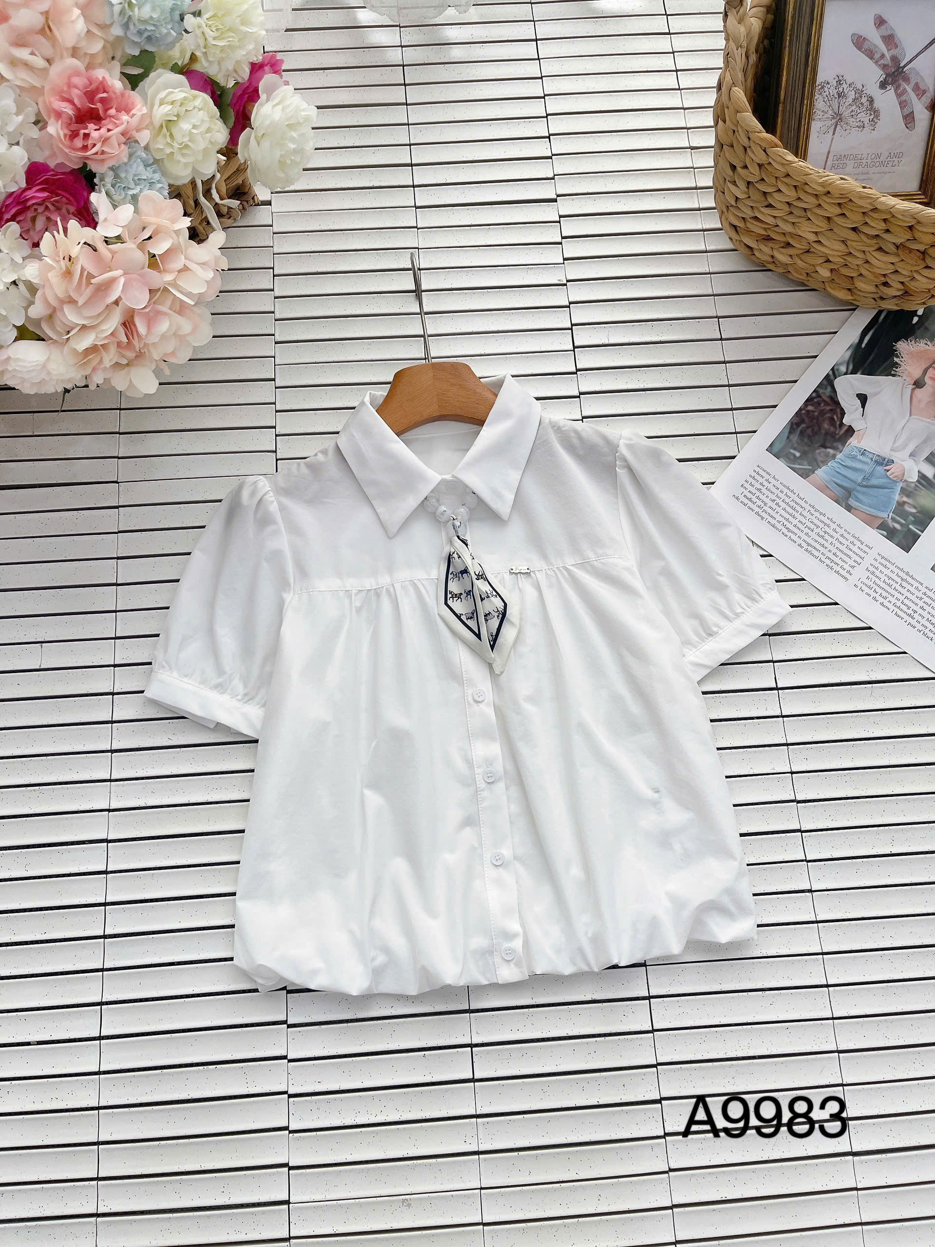 A9983 Áo sơ mi kèm khăn họa tiết