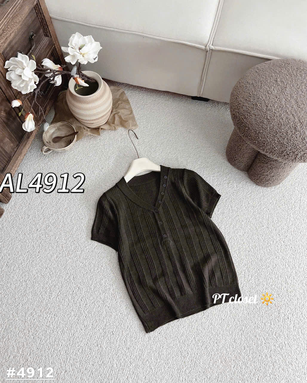 AL4912 Áo len cộc tay cúc viền cổ