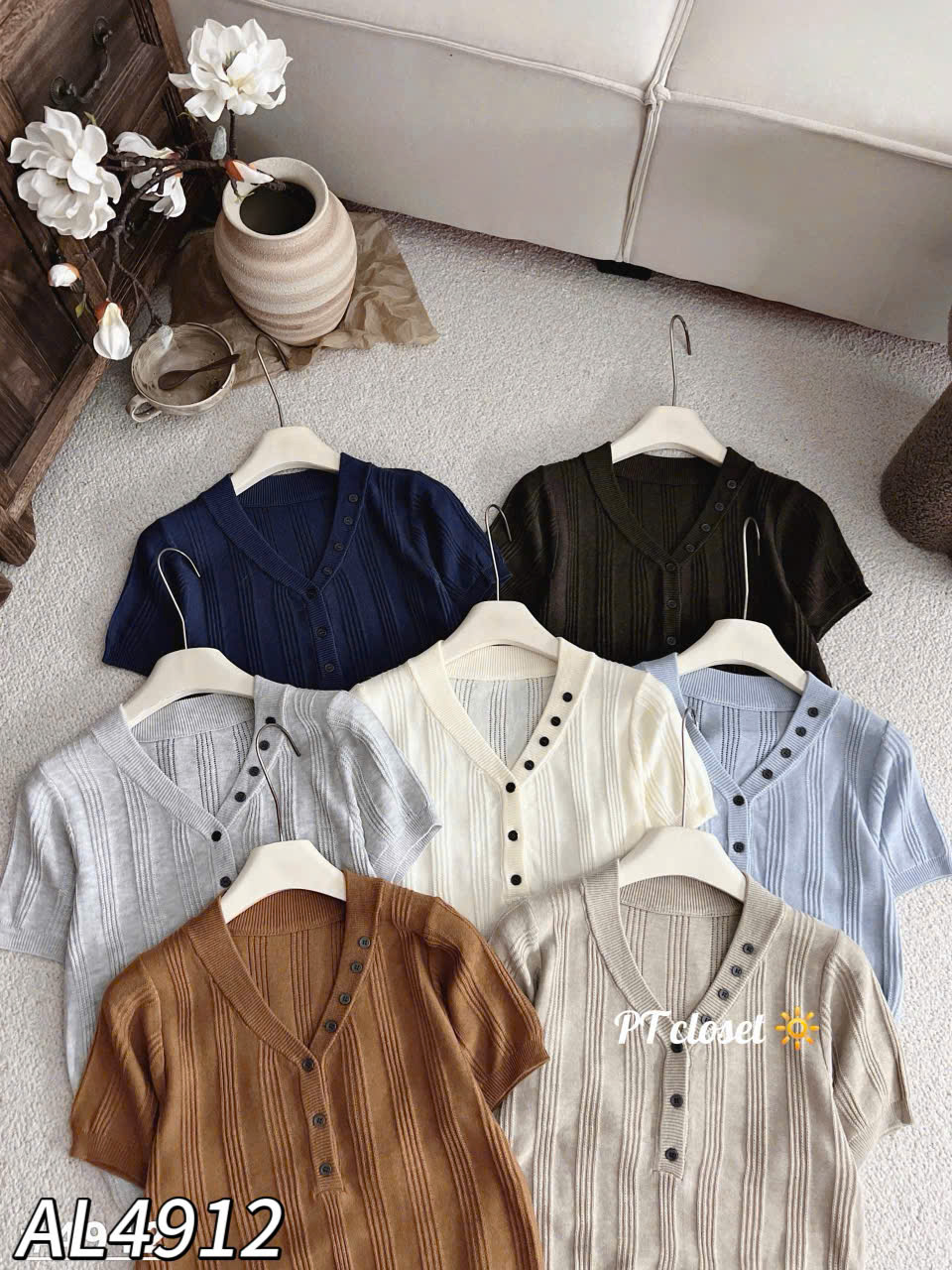 AL4912 Áo len cộc tay cúc viền cổ