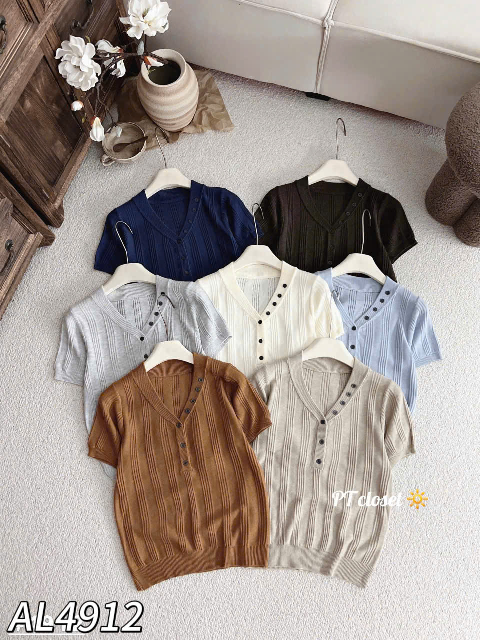 AL4912 Áo len cộc tay cúc viền cổ