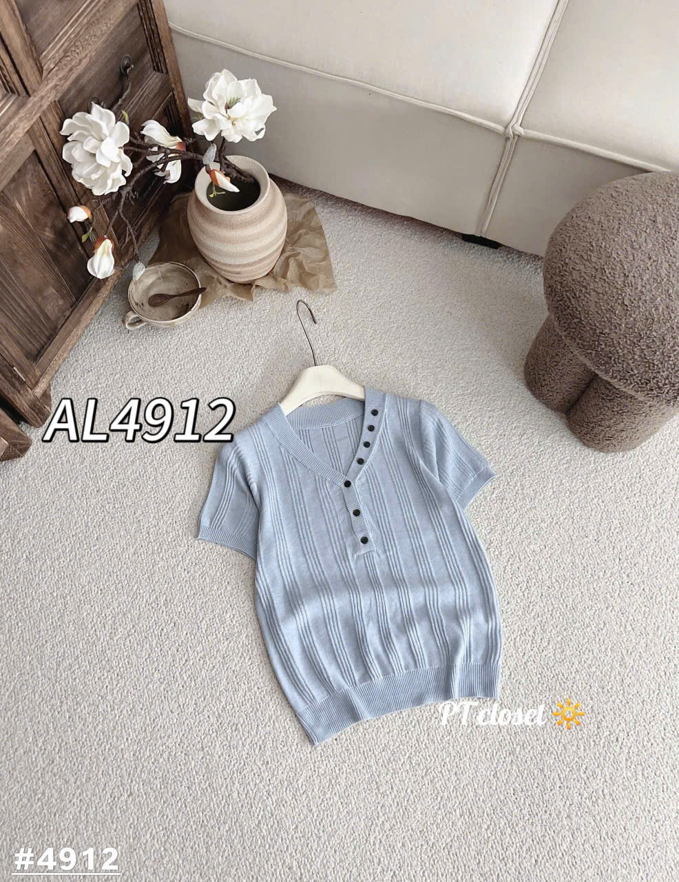 AL4912 Áo len cộc tay cúc viền cổ