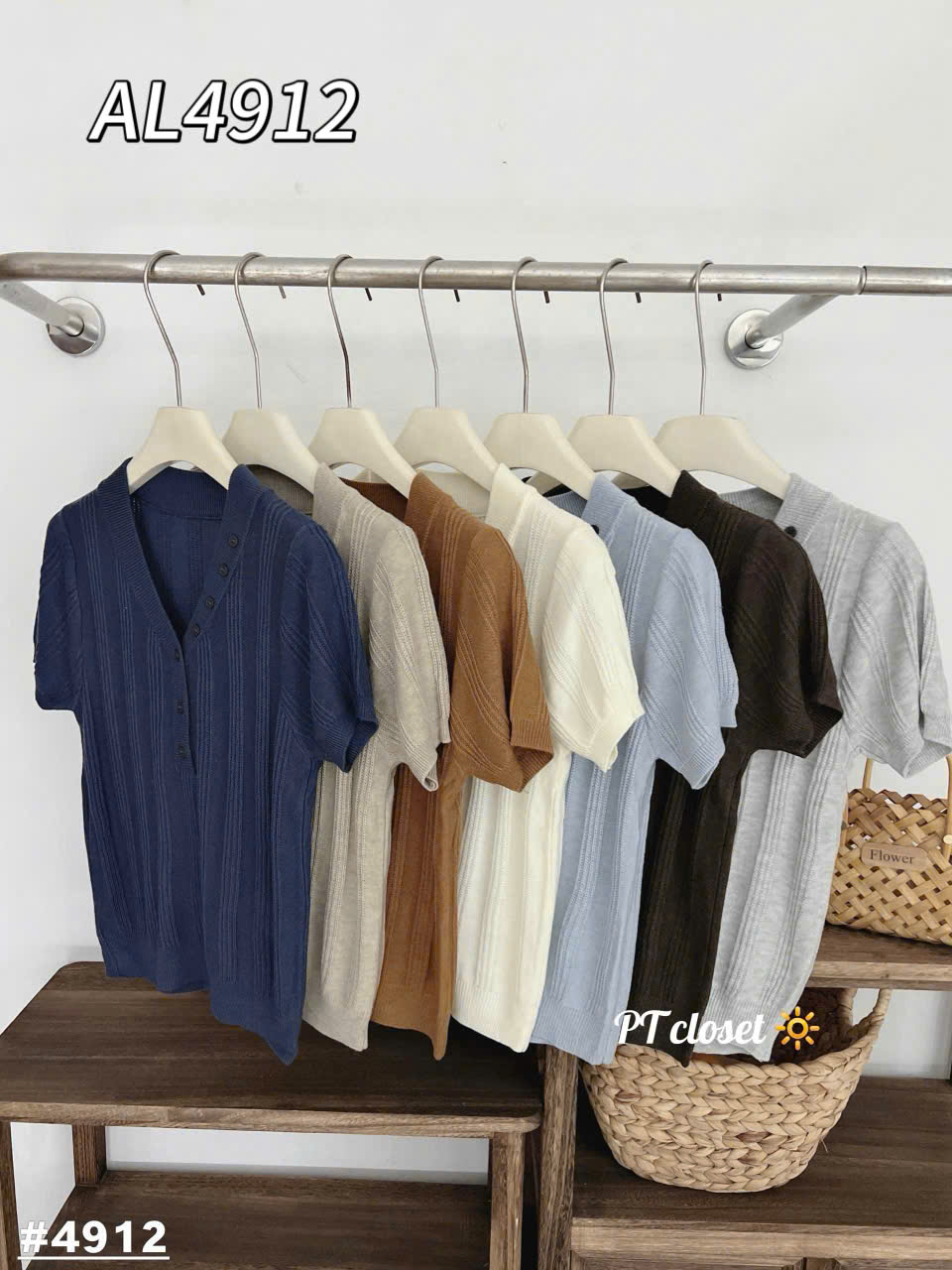 AL4912 Áo len cộc tay cúc viền cổ