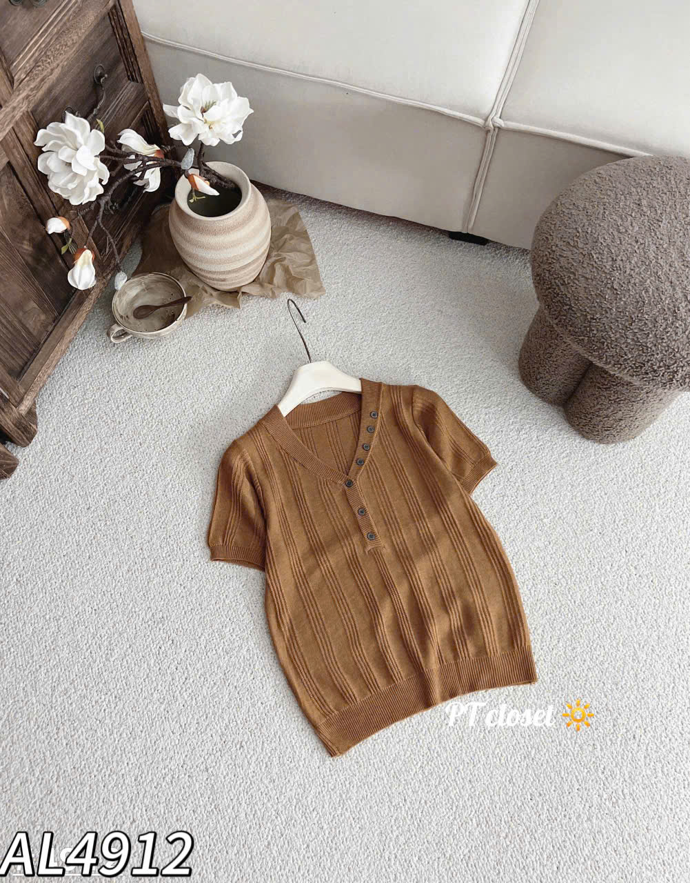 AL4912 Áo len cộc tay cúc viền cổ