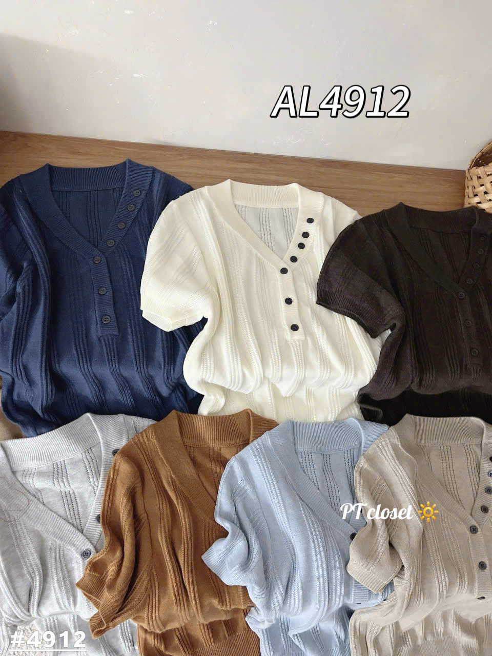 AL4912 Áo len cộc tay cúc viền cổ