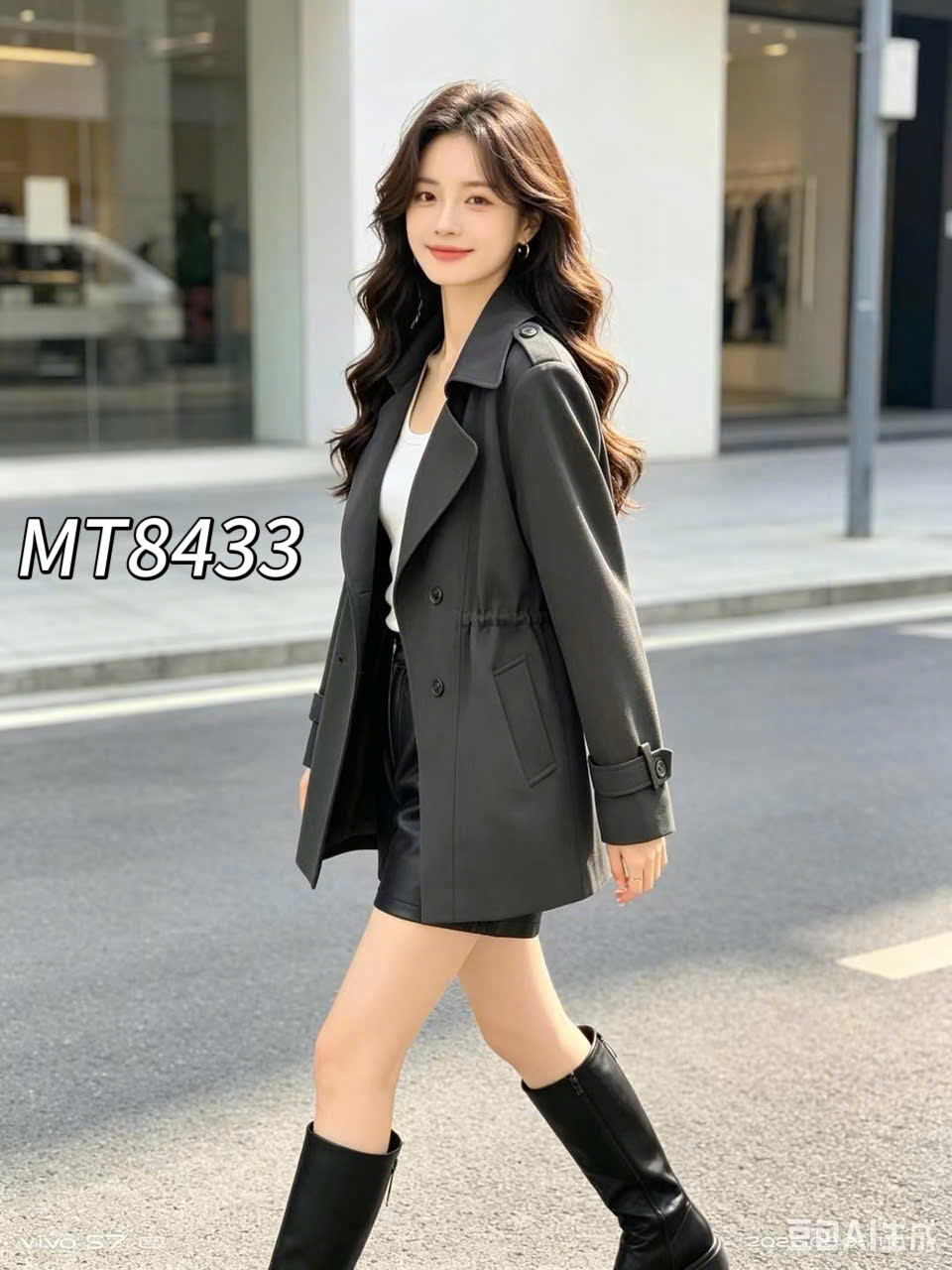 MT8433 Áo măng tô rút eo dáng lỡ