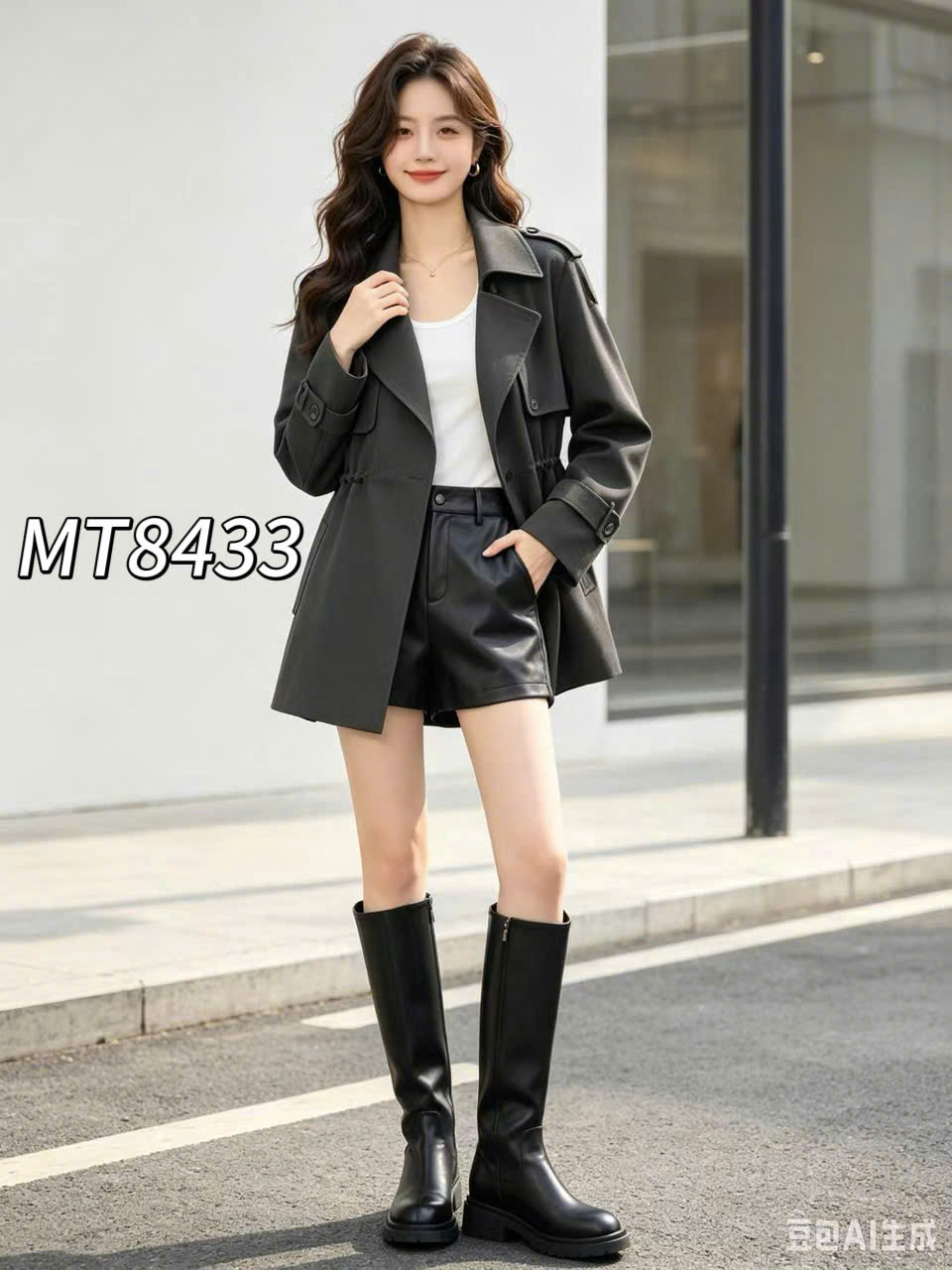 MT8433 Áo măng tô rút eo dáng lỡ
