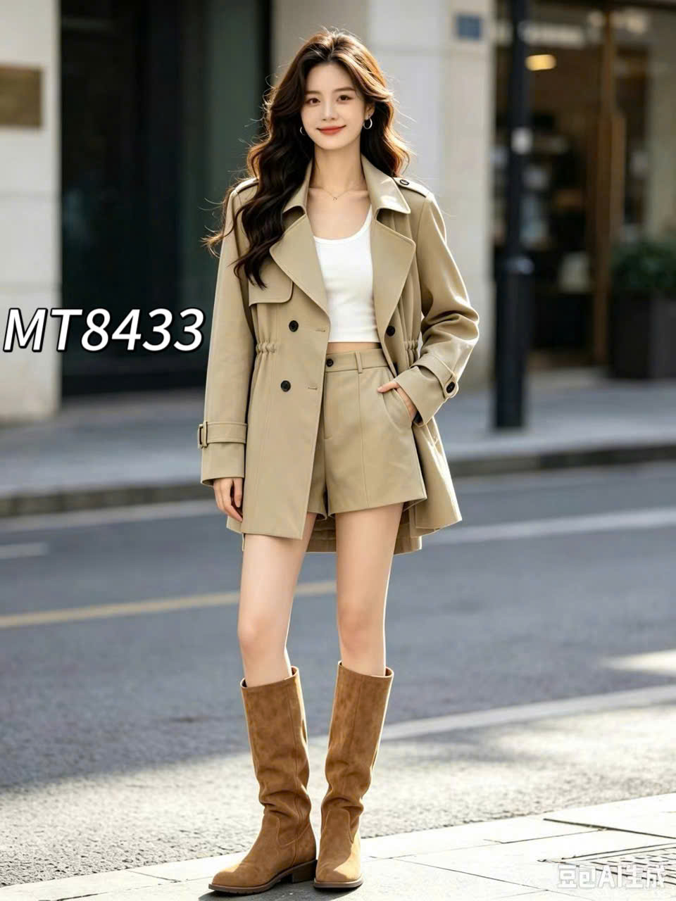 MT8433 Áo măng tô rút eo dáng lỡ