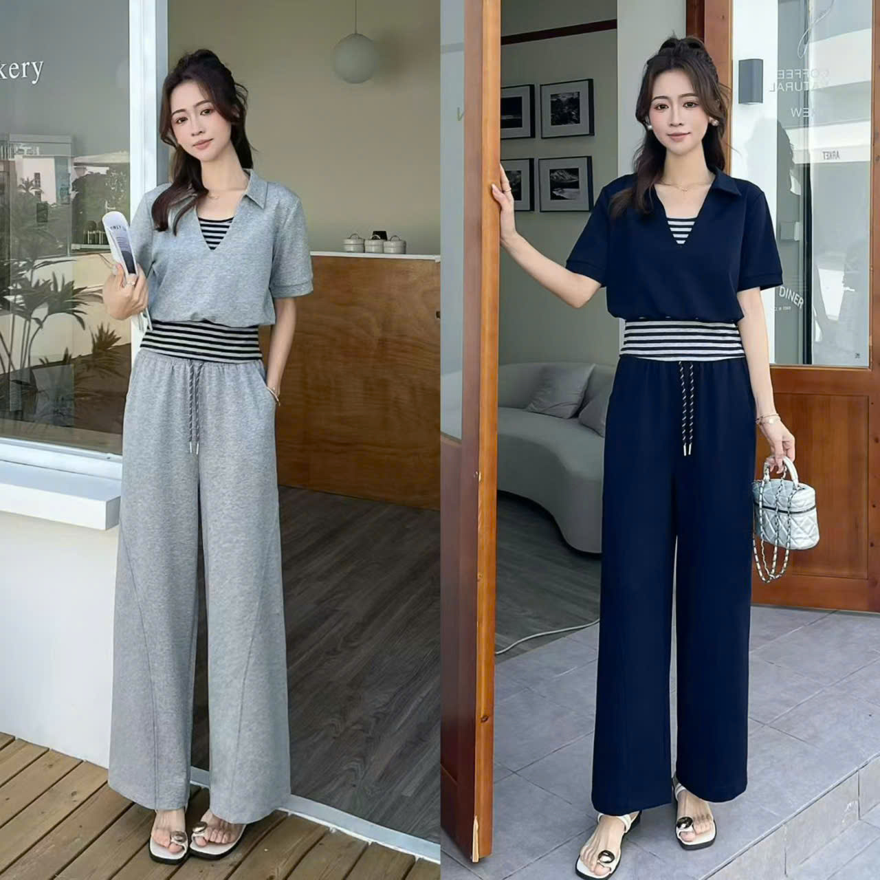 SB090 Set bộ áo kẻ liền quần xuông