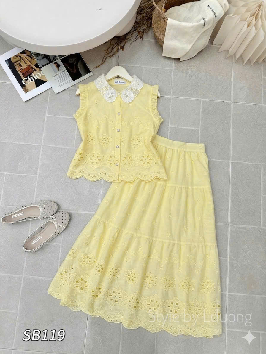 SB119 Sét chân váy xòe áo cổ ren