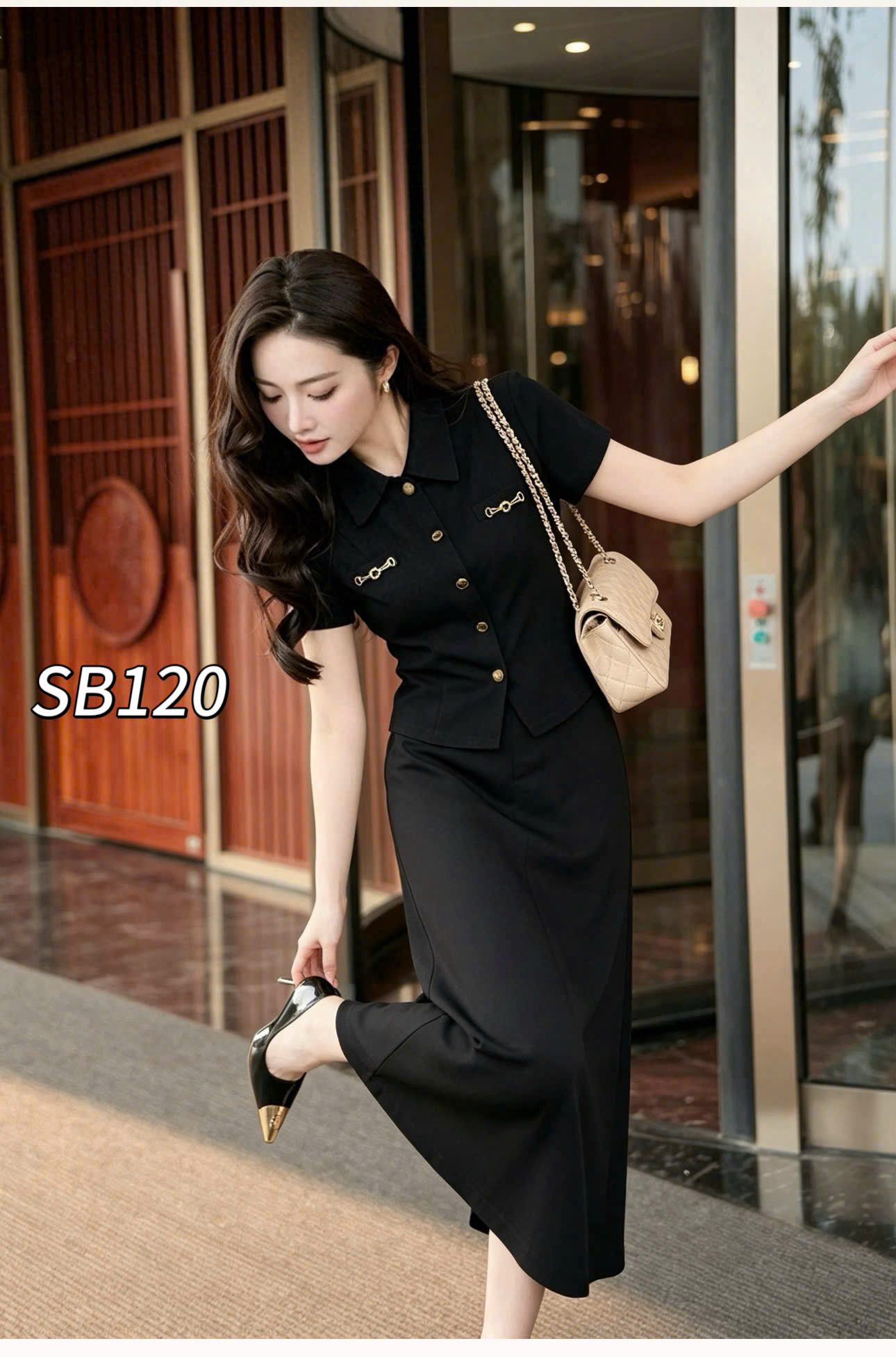 SB120 Sét chân váy xuông áo túi xích