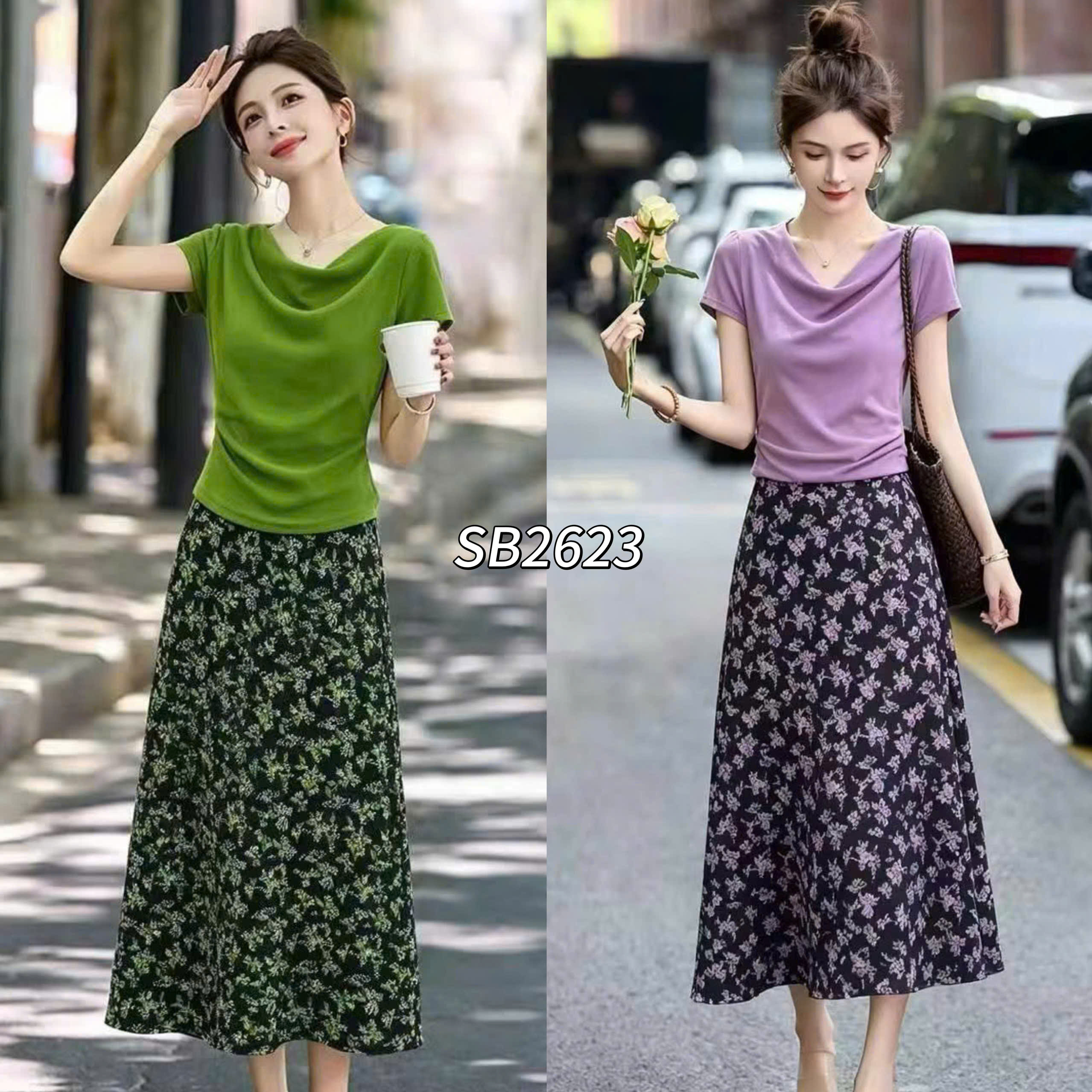 SB2623 Sét chân váy hoa áo cổ thuyền