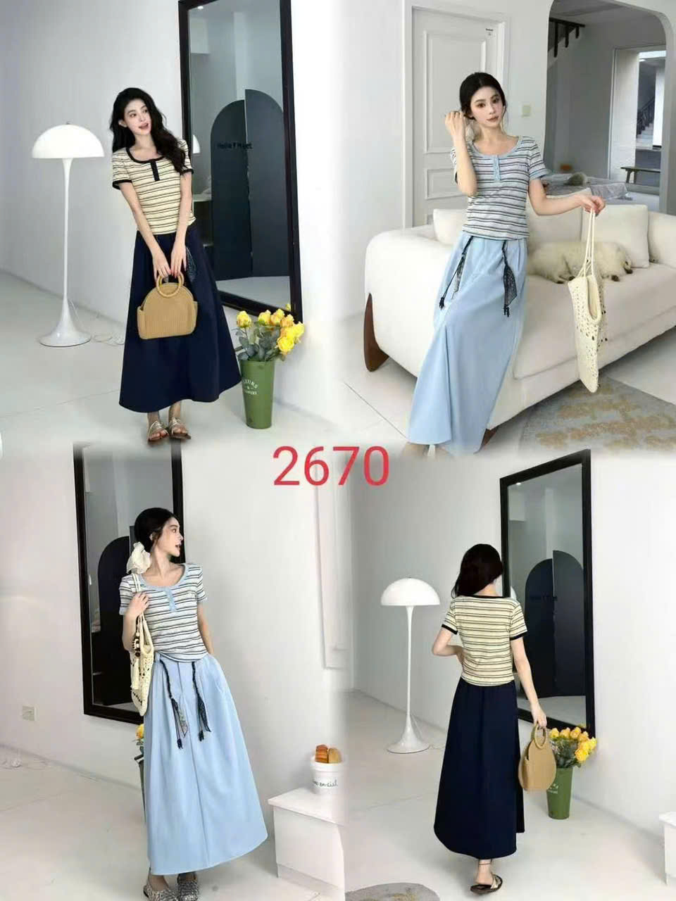 SB2670 Set áo phông kẻ chân váy đai dây