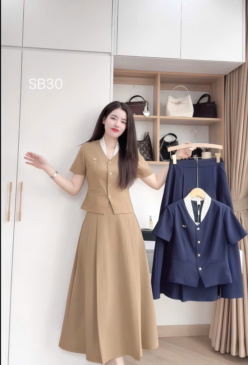 SB30 Sét chân váy xòe áo cổ phối chấm bi