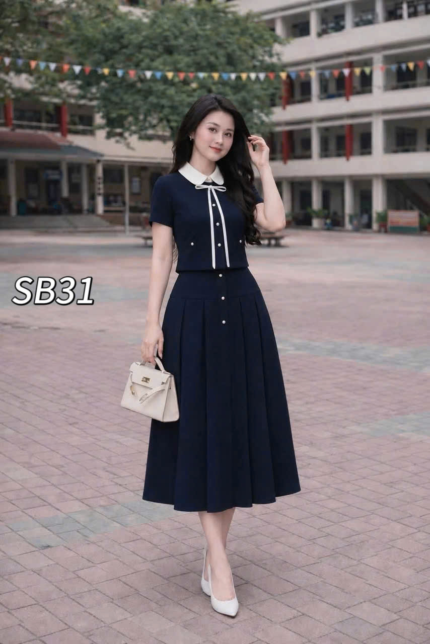 SB31 Sét cv xòe cúc ngọc áo cổ nơ