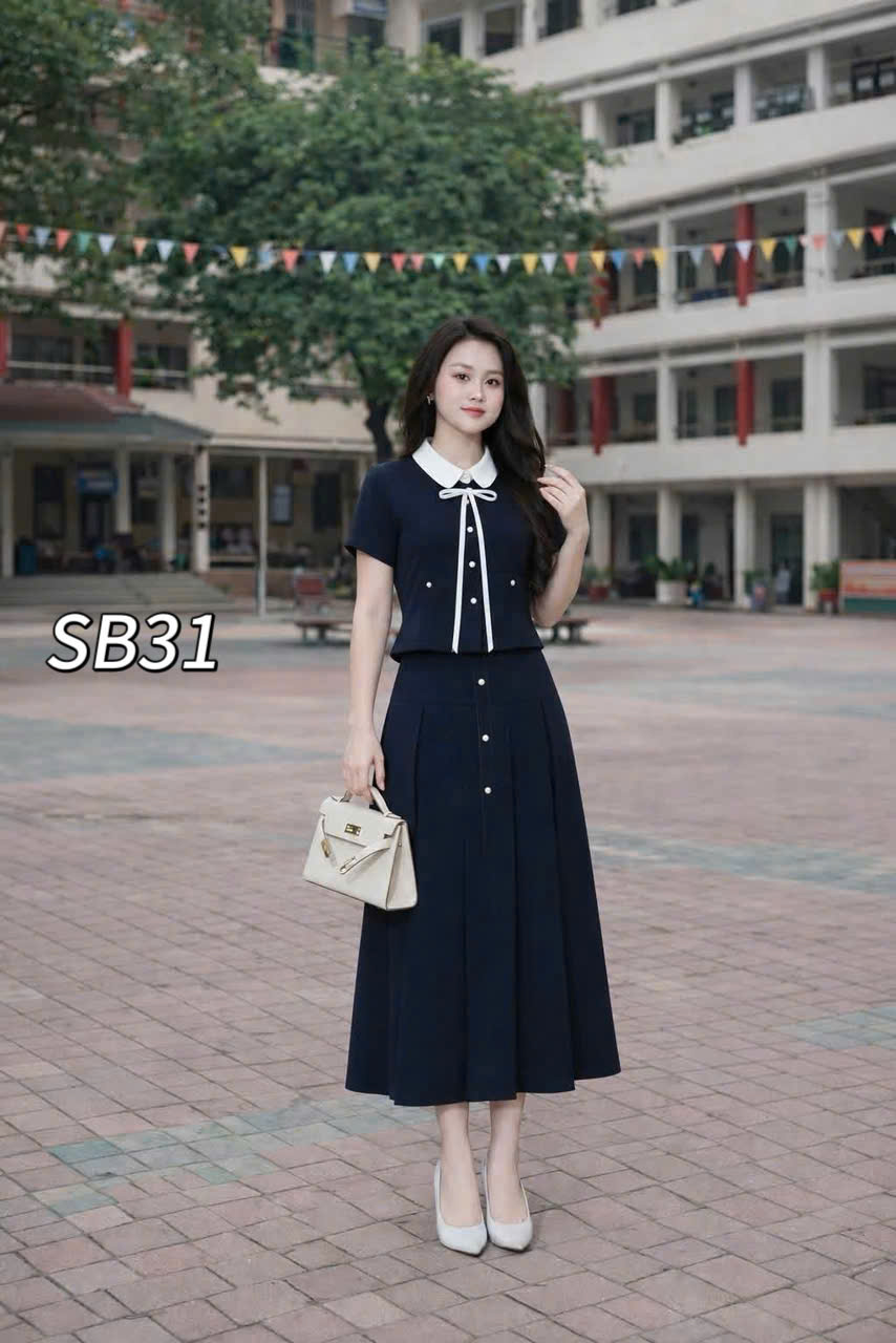 SB31 Sét cv xòe cúc ngọc áo cổ nơ
