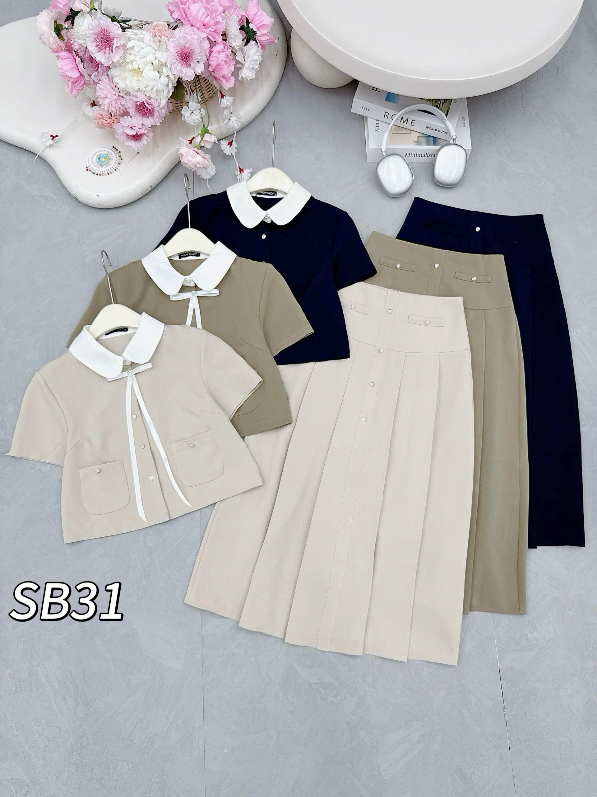 SB31 Sét cv xòe cúc ngọc áo cổ nơ