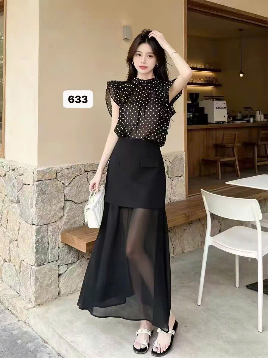 SB633 Sét áo chấm bi chân váy phối tơ