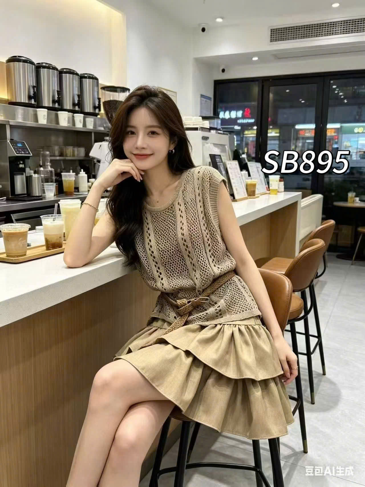 SB895 Sét chân váy tầng áo lưới