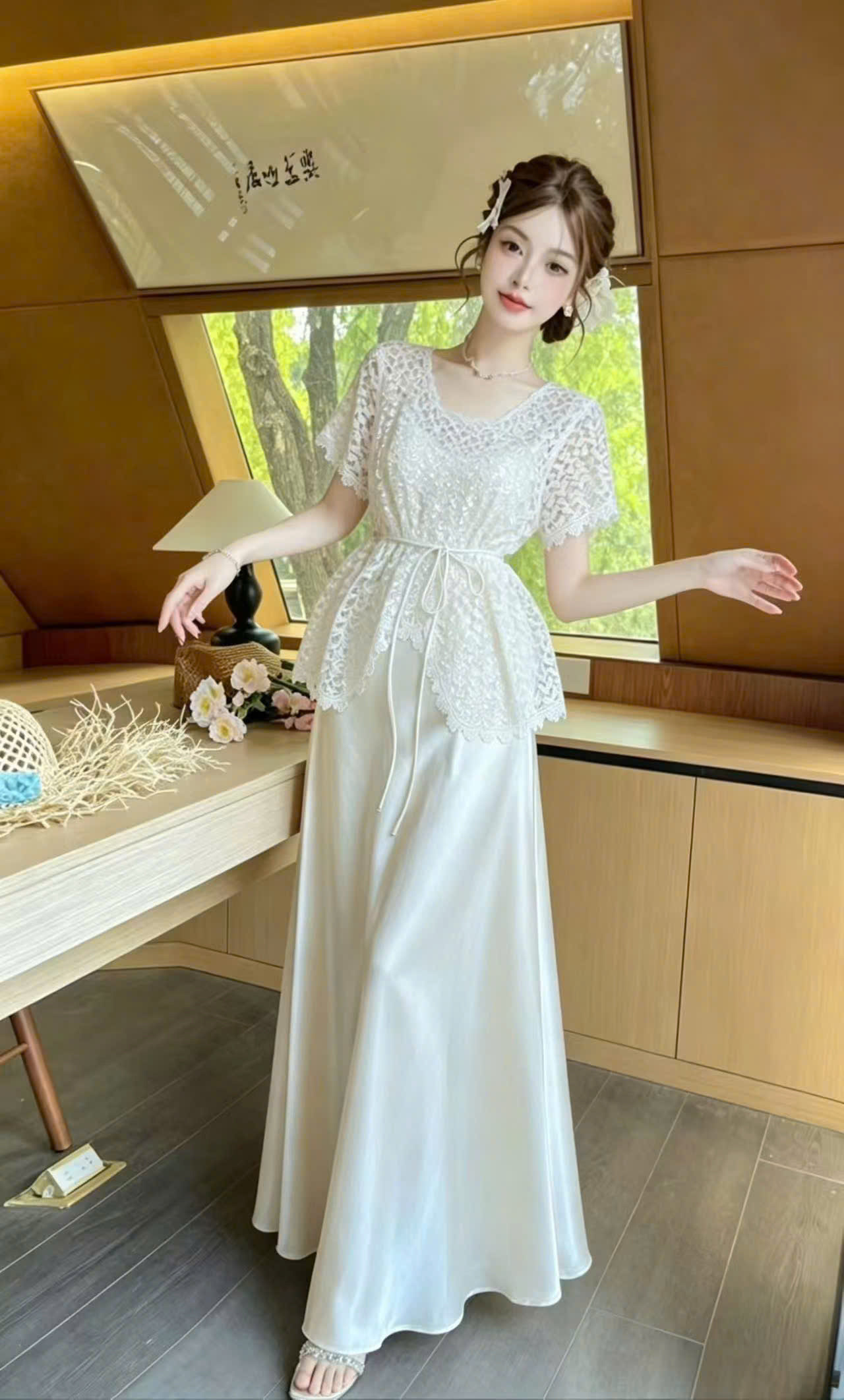 SB912 Sét áo lưới váy 2 dây lụa