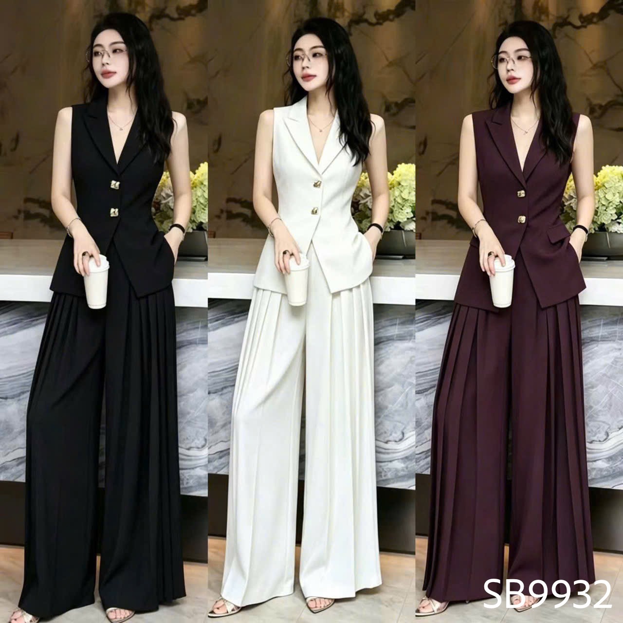 SB9932 Sét vest gile quần xuông 2 cúc vàng