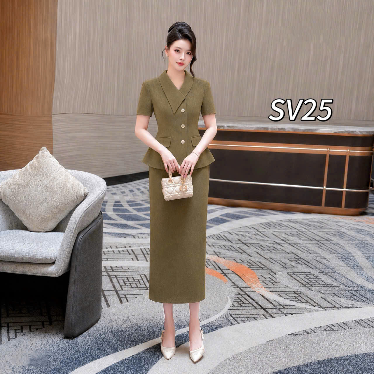 SV25 Sét vest cv xuông áo 2 nắp túi