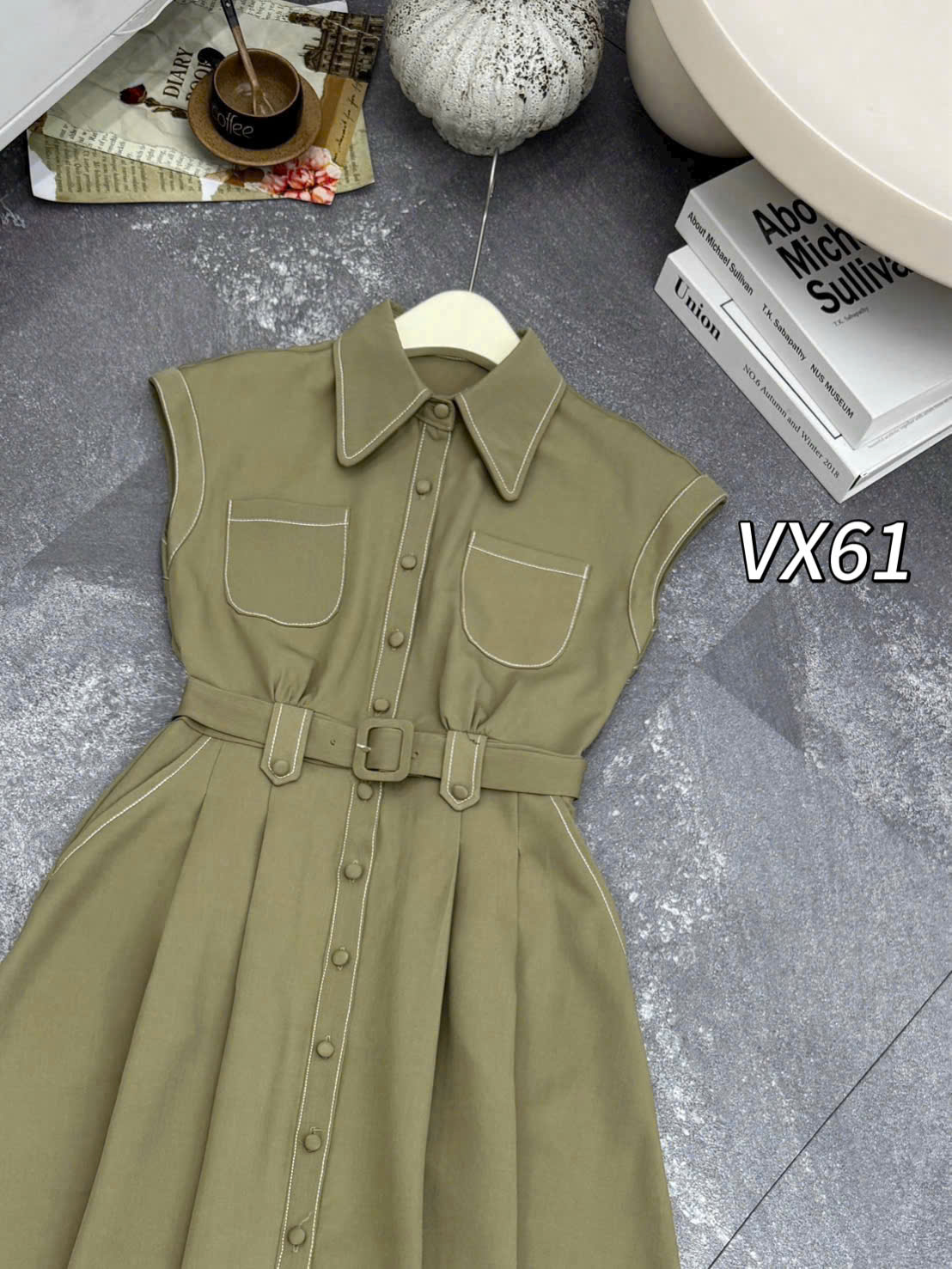 VX61 váy denim tay hến viền chỉ