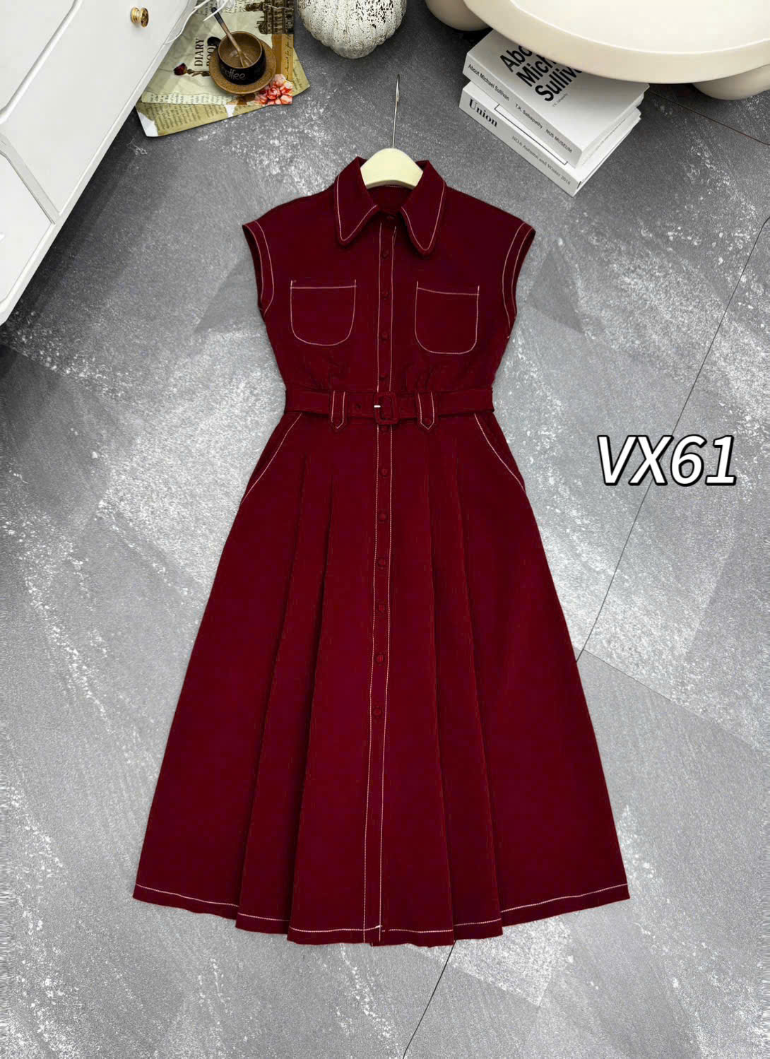 VX61 váy denim tay hến viền chỉ