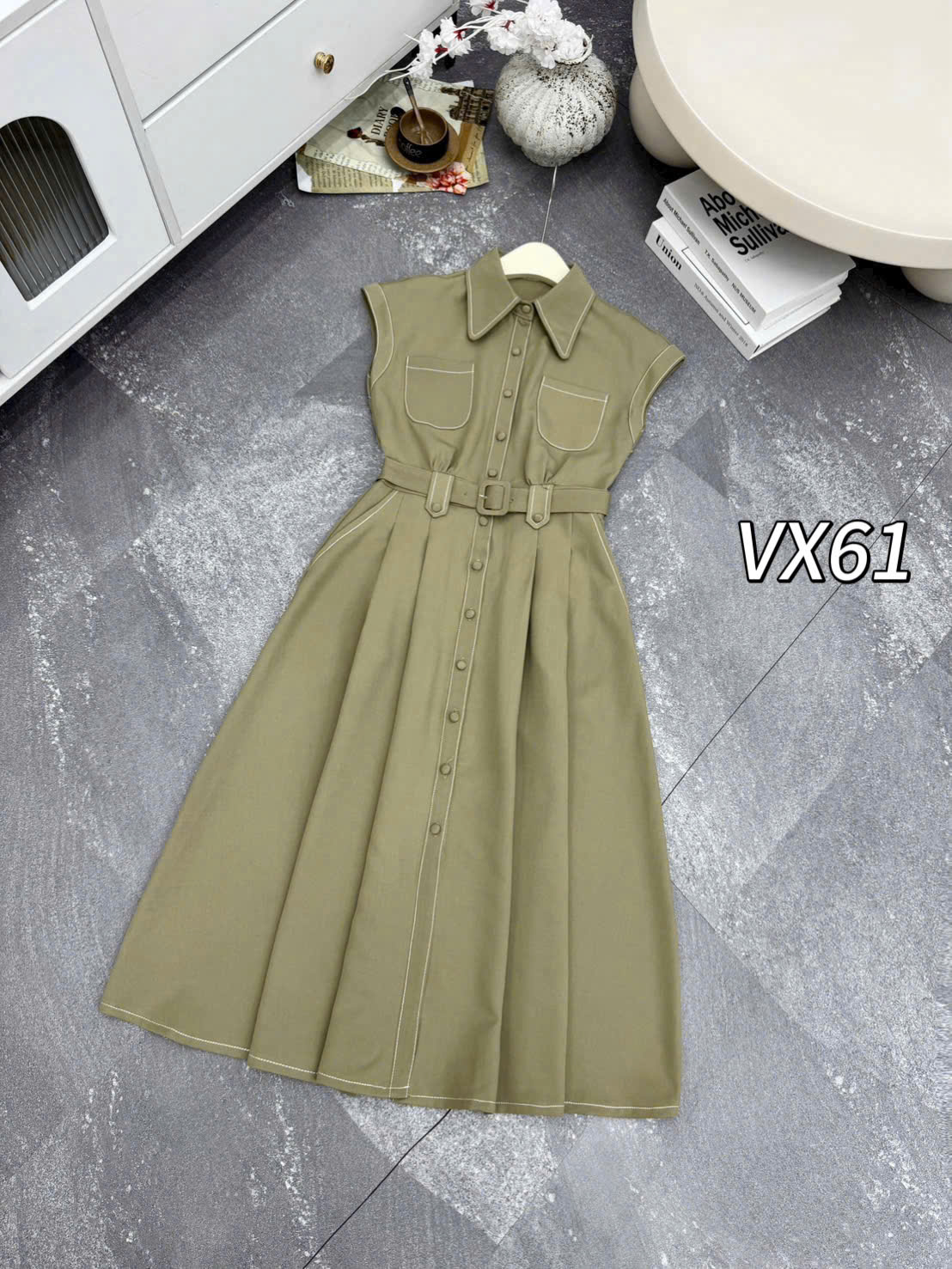 VX61 váy denim tay hến viền chỉ