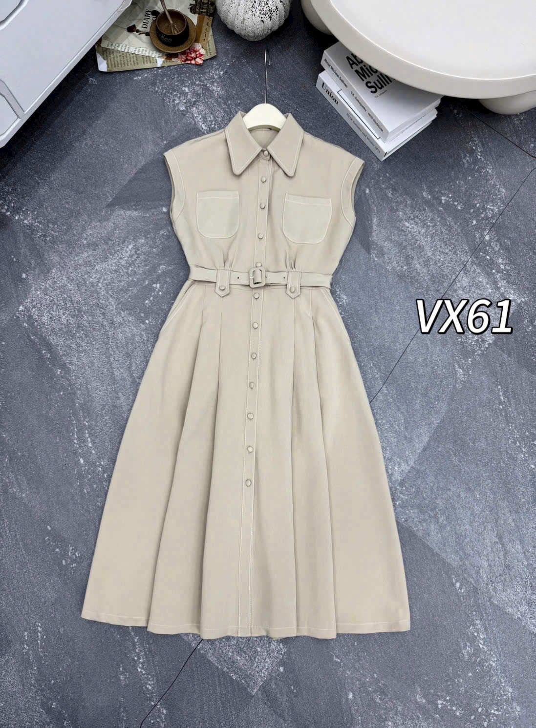 VX61 váy denim tay hến viền chỉ