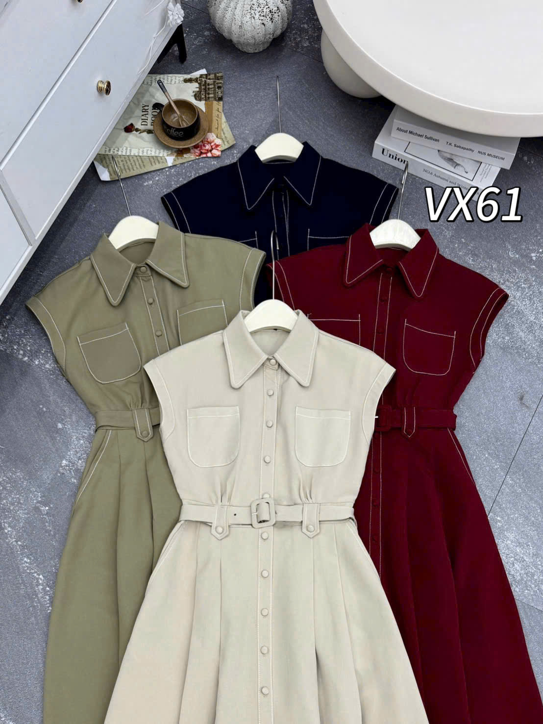 VX61 váy denim tay hến viền chỉ
