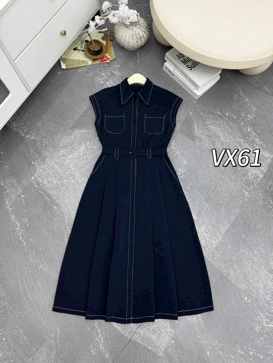 VX61 váy denim tay hến viền chỉ