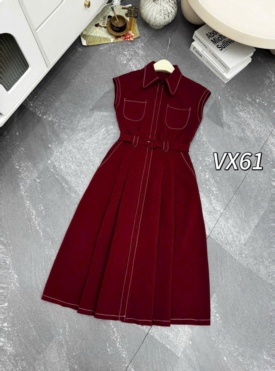 VX61 váy denim tay hến viền chỉ