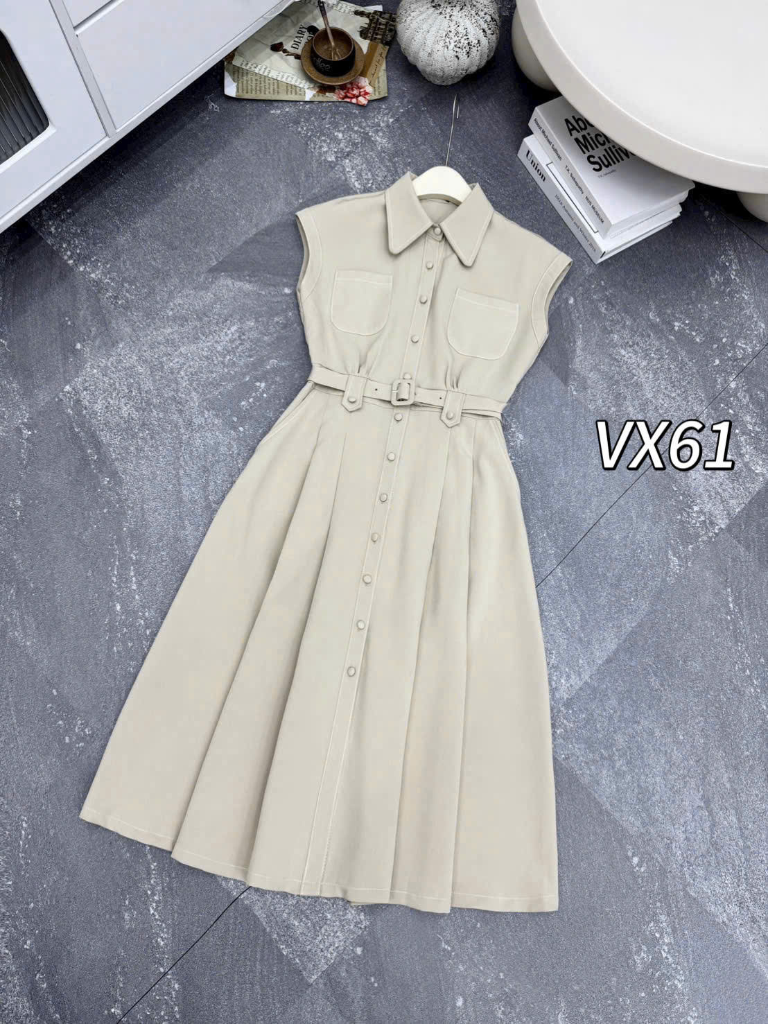 VX61 váy denim tay hến viền chỉ