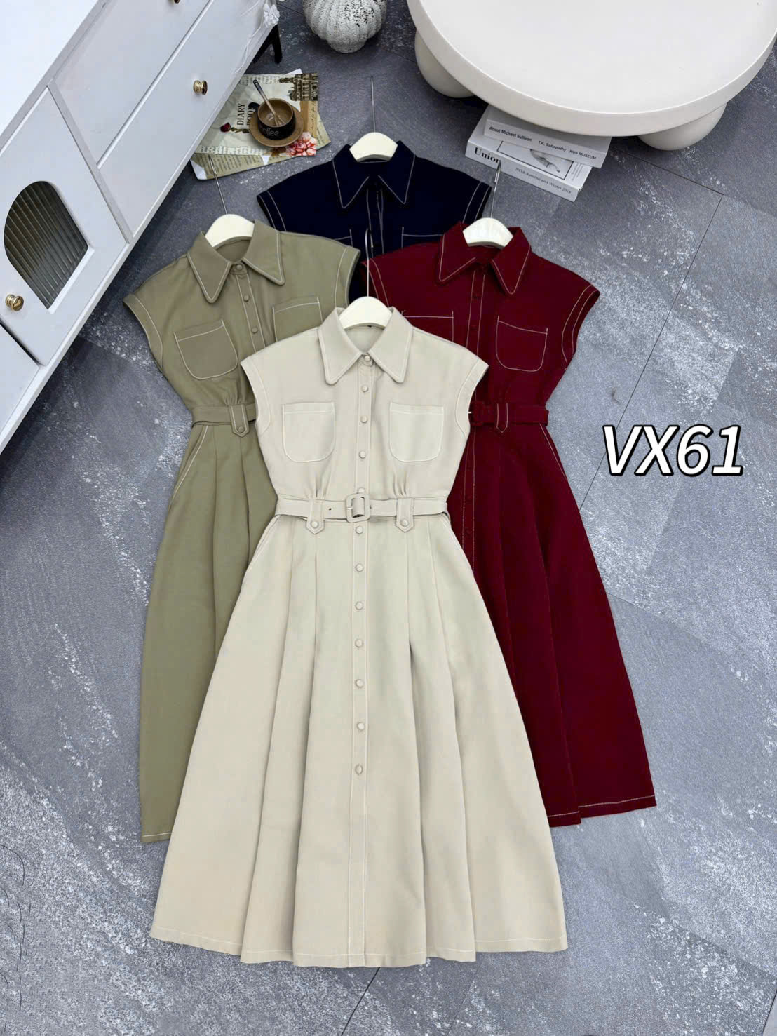 VX61 váy denim tay hến viền chỉ