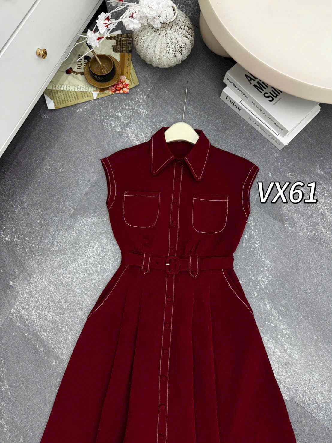 VX61 váy denim tay hến viền chỉ
