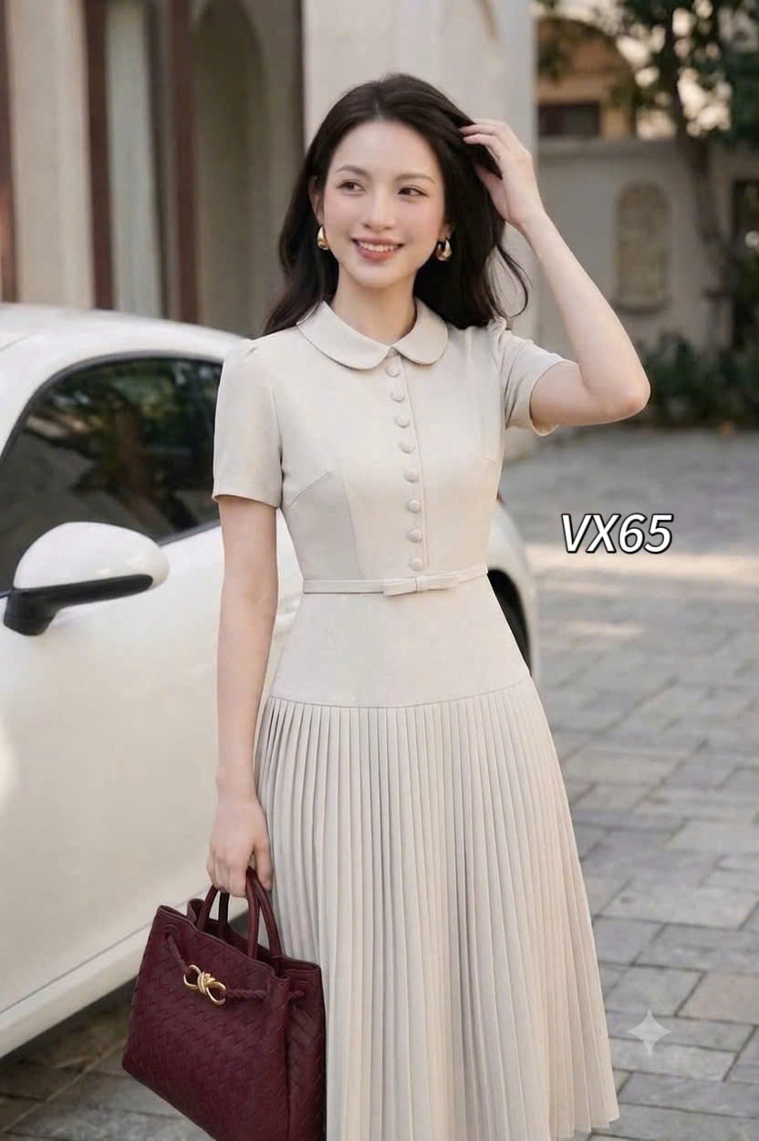 VX65 Váy liền dập ly cổ sen
